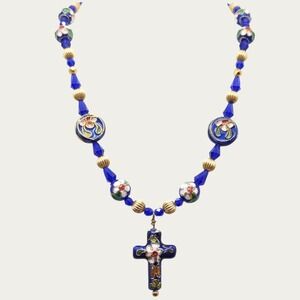Vintage Cloisonne Enamel Cross Necklace Blue Glass Beads Floral Chinese Export